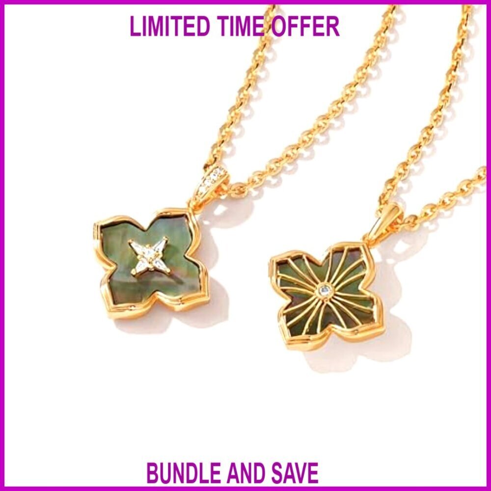 Double-Sided Clover Pendant Necklace 14K Gold Plated Chain 18" Length - Picture 6 of 7